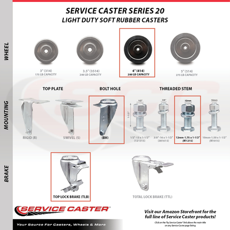 Service Caster 4 Inch SS Soft Rubber Wheel Swivel 12mm Threaded Stem Caster with Brake SCC SCC-SSTS20S414-SRS-TLB-M1215